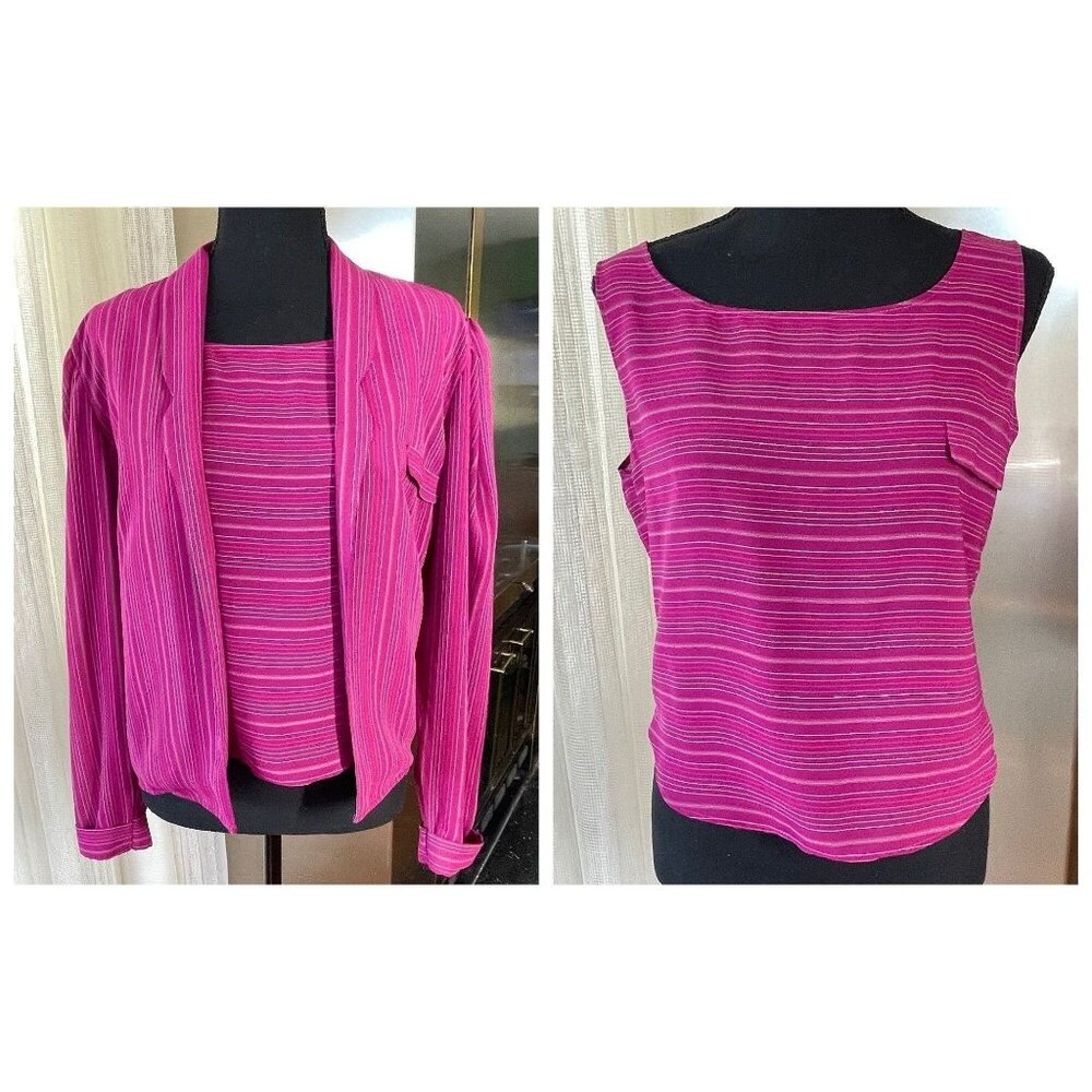 Vintage 80s twinset, pink striped long sleeves blouse, with camisole, size 6